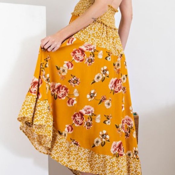easel Dresses Easel Mustard Floral Asymmetrical Halter Dress Poshmark